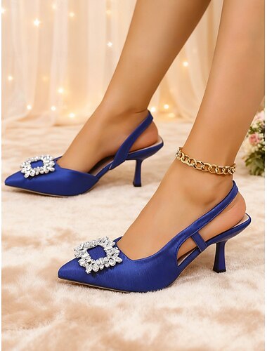  scarpe con tacco a spillo in raso blu da donna - décolleté a punta con fibbia in strass di cristallo per cocktail party, eventi serali o occasioni formali