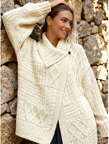  Dame Genser Mote Daglig Kabel Tykk Åpen Forside Knapper Langermet Vanlige topper Strikke Kaffe brun Hvit Vinter