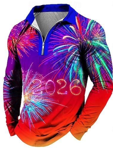 Neujahr Herren Feuerwerk Polo Langarm Polo-Shirts Revers Lässig Alltagskleidung Festival-Outfit 3D-Druck Viertelreißverschluss-Poloshirt Frühling Herbst Winter Blau Rote Himmelblau