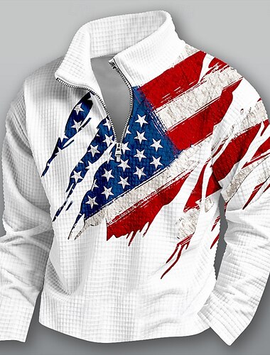  男性用 アメリカの米国旗 ワッフル スウェットシャツ ファッション 日常 クラシック カジュアル スタンド クォータージップ アウトドア 家 オフィス ワーク ブラック ホワイト ブルー ジッパーを閉める 秋 冬 デザイナー S M L XL XXL XXXL