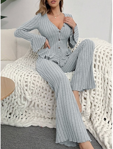  Per donna Set Pigiama Casual Comfort Colore Puro Elastico in vita Pantalone Casa Quotidiano Manica Lunga Scollo a V Nero Vino Fucsia Grigio Primavera Autunno Inverno Vestibilità regolare