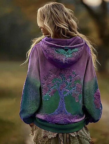  Dame Hættetrøjer med lynlås Blomstret Grafisk Aktiv Årgang Vestlig Langærmet Hætte Almindelige toppe Hjem Arbejde Gade Lynlås Blå Lilla Grøn Forår Efterår Vinter