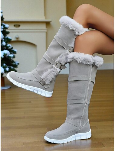  Damskie szare buty zimowe z podszewką z futerka i detalami w postaci klamry – wygodne, wsuwane, idealne na śnieżne dni, przygody na świeżym powietrzu i zimowe wakacje