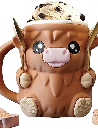  Highland Cow-glasshållare för pintglass, återanvändbara isglassbehållare med frostskyddsmedel och två skedar, läckagesäker isglassmugg för presenter från Highland-älskare