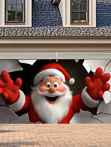  jul garasjeportdeksel julenissen bryter gjennom vegg stor hengende bakgrunn utendørs ferie veggbanner hage hjem festlig 3D festdekorasjon sesongmessig julescene
