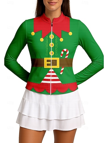  クリスマス 女性用 幾何学模様 スポーツシャツ テニスシャツ テニストップ 長袖 ジッパー 花柄 フロントファスナー UPF50+ UV耐性 高弾性 吸汗性 高通気性 バレーボール テニス ゴルフ クルーネック ハイネック シャツ トレーナー グリーン テニスウェア