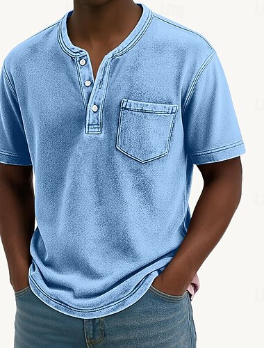  SoftFade™ Męska koszula Henley 100% bawełna Acid Wash Koszulka T-shirt Krótki rękaw Gładka Retro Vintage Casual Styl Vintage Garment Dyed Wypłukane Henley Casual Jesień Czarna Różowa Szara Henley