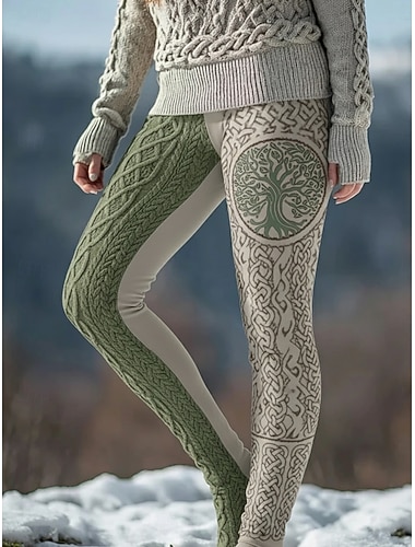  Per donna Vichingo Leggings Leggings comodi Vacanza Vintage Stile Etnico Lunghezza intera Vita Alta Grafico Stampa Confortevole Elasticizzato Vacanza Casuale Quotidiano Verde Primavera Autunno Inverno