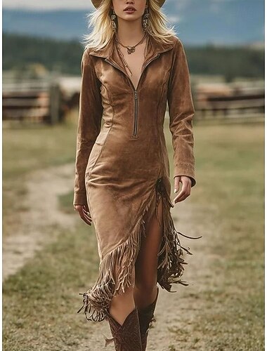  Γυναικεία Μίνι φόρεμα Φόρεμα σε ευθεία γραμμή Διακοπές Καθημερινό Μπόχο Καθημερινά Αργίες Ημερομηνία Σκέτο Μακρυμάνικο Πέτο Μαύρο Ανοικτό Καφέ