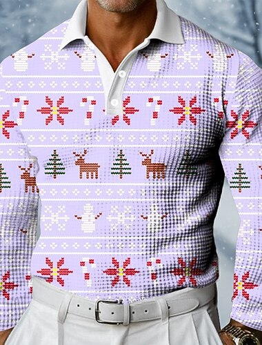  عيد الميلاد المجيد رجالي ندفة ثلجية قمصان بولو الوافل كم طويل قمصان البولو قميص بياقة كاجوال الأماكن المفتوحة مناسب للبس اليومي ملابس المهرجان Buttons الربيع الخريف الشتاء