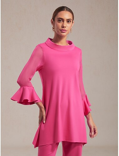  シフォンストレッチニット シアースリーブ カジュアル バケーションブラウス