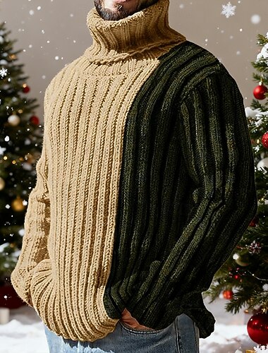  Homme Pull de Noël Chandails de Noël Col roulé Pull pull de Noël Côtelé Torsadé Tricoter Découpé Tricoté Bloc de Couleur Col roulé Élégant Basique Extérieur Quotidien Vêtement Tenue Automne Hiver Kaki