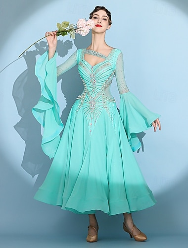  Ballroom-dans Kjole Plissert Tvinning Krystall / Rhinestone Dame Ytelse Trening Langermet Høy Spandex Chiffon Netting