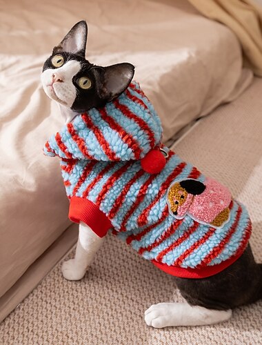  Стильная полосатая толстовка с изображением кота с милой нашивкой - теплый флисовый свитер для маленьких кошек &котята