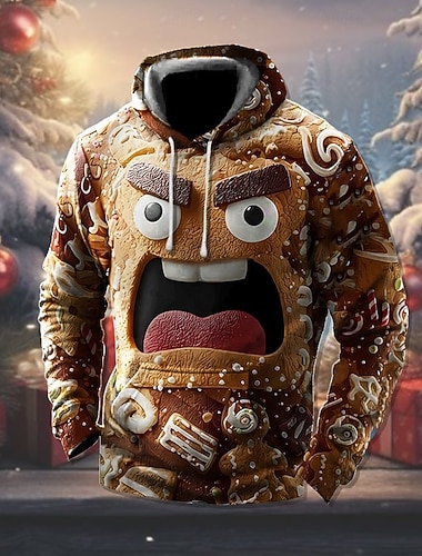  Noël Homme Graphique Emoji bonhomme en pain d'épice Sweat à capuche Sweat à capuche imprimé Mode Streetwear Vacances Occasionnel À capuche Sortir Festival Marron Impression 3D Printemps Automne