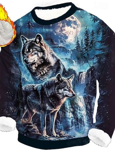  男性用 オオカミ フリース スウェットシャツ 日常 カジュアル 3D クルーネック 家 パーティー 贈り物 ストリートウェア ブルー ブラック ダークブルー 3Dプリント 秋 冬 デザイナー S M L XL XXL XXXL