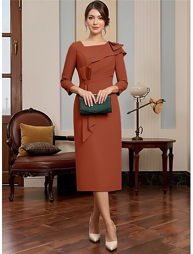  Linjeform Te-lengde Festkjole Cocktail Kjole Gjestekjole til bryllup Kjole til brudens mor Langermet Firkantet hals Elegant Minimalistisk Formell Bryllupsgjest Stretchstoff med Bølgemønster