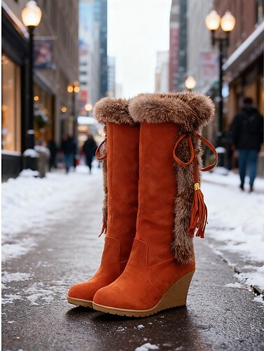  Botas de camurça laranja com salto plataforma e acabamento em pele sintética - botas de neve estilosas e aconchegantes com detalhe de franjas, quentes e confortáveis para uso diário no inverno.