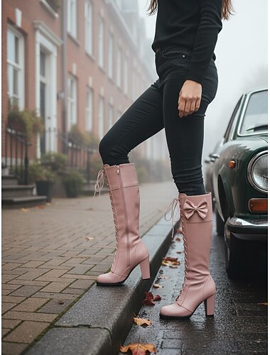  Rote, kniehohe Schnürstiefel für Damen mit Schleifendetail – stylische Stiefel mit Blockabsatz für Herbst und Winter