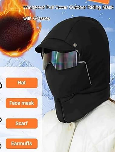  قناع ركوب الدراجات في الهواء الطلق بغطاء كامل مقاوم للرياح في الشتاء مع غطاء أذن عسكري مبطن بالصوف الزجاجي، غطاء وجه للجنسين في الطقس البارد، قبعة سميكة دافئة لركوب الدراجات والتزلج والثلج&amp;ركوب