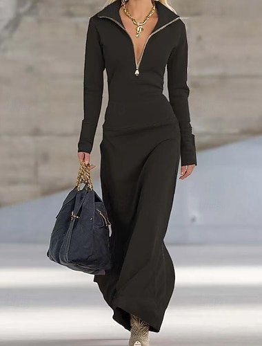  Damen Langes Kleid Maxikleid Freizeitkleid Modern Täglich Outdoor Ausgehen Normale Passform Einfach Langarm Hemdkragen Schwarz Rosa Aprikose Leicht Blau Herbst Winter