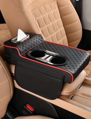  5-in-1-Organizer für die Mittelkonsole im Auto mit verbesserter Ellbogenstütze – Armlehnenbezug aus Kunstleder, Getränkehalter &Aufbewahrungstaschen, universell passend für die meisten Fahrzeuge