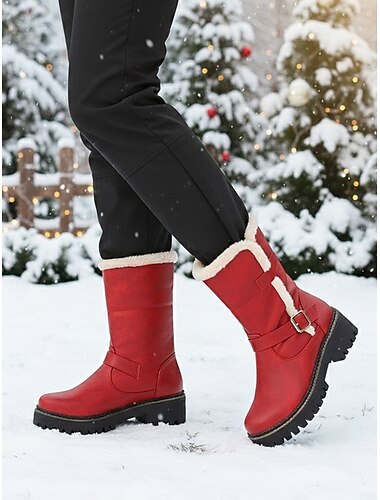  Botas rojas de mujer con forro de borrego: botas de nieve impermeables y cálidas con suela antideslizante y detalle de hebilla, ideales para Navidad, actividades al aire libre y climas fríos.