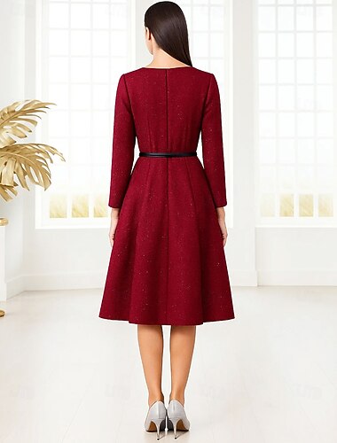  A-linje Knelengde Festkjole Cocktail Kjole Langermet Crew-hals Elegant Årgang Fest Formell Polyester Kjole til brudens mor med Perlearbeid