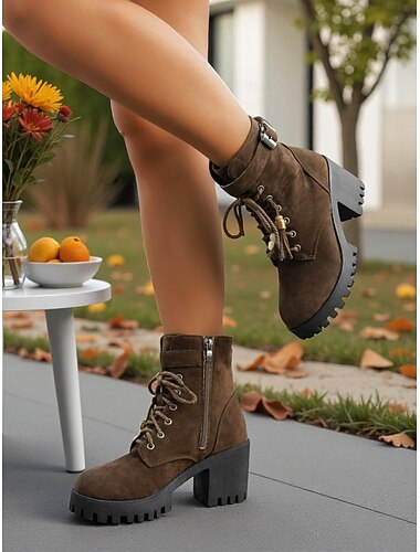  Γυναικεία Μπότες Μπότες Lace Up Μπότες με τακούνι Καθημερινά Μποτάκια μποτάκια Χάντρες Φούντα Κοντόχοντρο Τακούνι Στρογγυλή Μύτη Καθημερινό Φο Σουέτ Φερμουάρ Δαντέλα μέχρι πάνω Καφέ