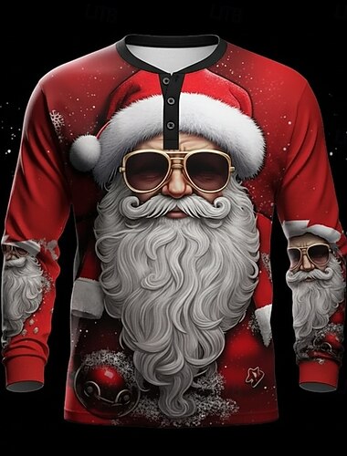  Муж. Новогодняя тематика Дед Мороз Рубашка Хенли Длинный рукав Мода Симпатичные Стиль Повседневные Повседневные Праздники На выход Зима Весна & осень Красный Хенли Футболка Хенли