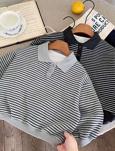 Bambini Ragazzi Felpa A righe Manica Lunga Bavero Bottoni Autunno Inverno Sport Moda Quotidiano Poliestere All'aperto Casuale Vestibilità su misura