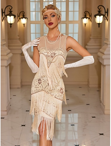  Goldene Zwanziger 1920er Knielang Flapper Kleid Ärmellos Der große Gatsby Pailletten Fransen Rundausschnitt Kostüm Damen Weihnachten Karneval Maskerade Retro-Mottoparty Charleston-Tanz Erwachsene