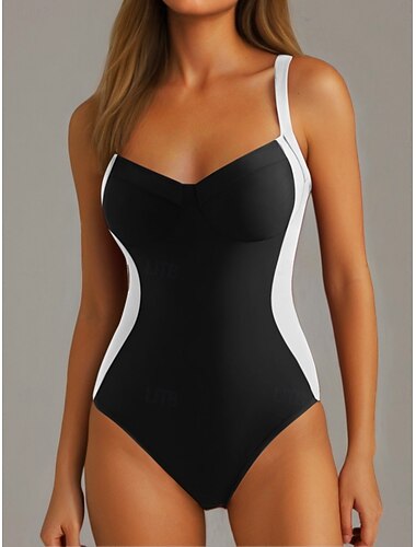  Damen Einteiler Badeanzug Figur formende Farbblock Monokini Bauchkontrolle Hohe Taille Schlank Rückenfrei Urlaub Strandbekleidung Farbblock V-Ausschnitt Ärmellose Bademode