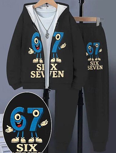  Unisexo Chico 3D Graphic Jerga divertida 67 Conjunto de sudadera con capucha y pantalones deportivos Traje Deportivo Chaqueta y pantalones Manga Larga Primavera Otoño Moda Casual Confort Niños 4-12