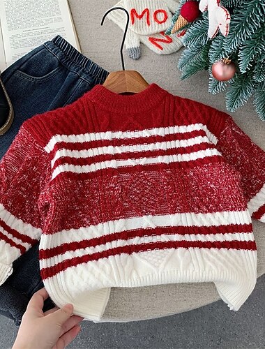  Barn Unisex Jul Jule genser Stripe Langermet Hold Varm utendørs Mote Rød Høst Klær 4-12 år