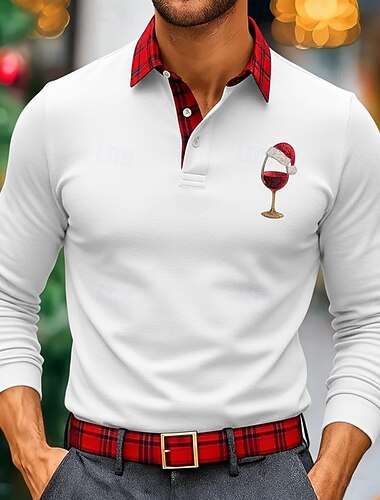  عيد الميلاد المجيد رجالي أرجواني الوردي بولو ستايل كم طويل قمصان البولو Lapel كاجوال الأماكن المفتوحة شارع مناسب للبس اليومي ملابس المهرجان طباعة ثلاثية الأبعاد Buttons الربيع الخريف الشتاء