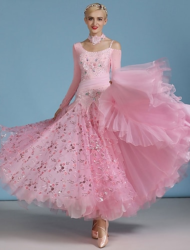  Elegant rosa ballroom-danskjole for kvinner, paljett, blomsterpyntet, skulderløs, vals, tango, moderne rumba, konkurranseopptredenskjole