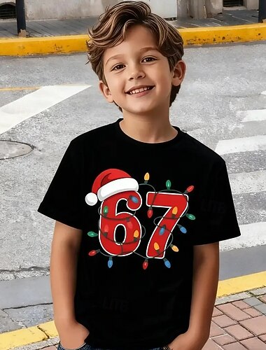  Bomull Jul Barn Gutt Svart Hvit Rød Grafisk Nisselue Morsom slang 67 T skjorte Bluse Crew-hals Kortermet utendørs Hverdag Mote Gatemote Designer Printer Sommer