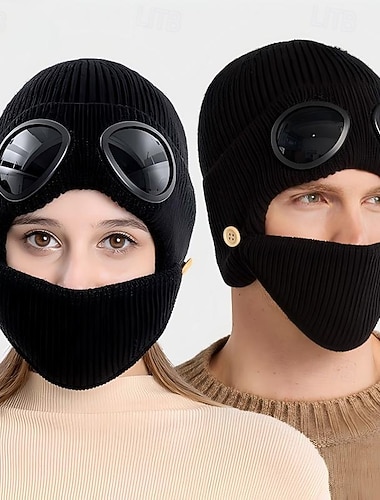  Gorro de inverno/outono estilo piloto, com protetores de orelha, gorro de tricô grosso e quente para mulheres, estilo coreano, com máscara facial e forro de lã, ideal para atividades ao ar livre no