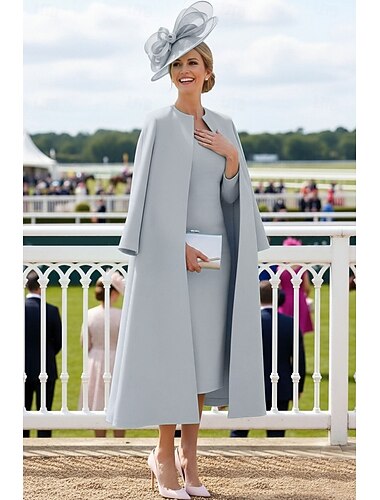  Kaksiosainen Tuubi Polvipituinen Derby-mekko Morsiammen äidin asu Pitkähihainen Tiukka pyöreä kaula-aukko Tyylikäs Kentucky Derby Joustava kangas Takki Mekot kanssa Solid Color