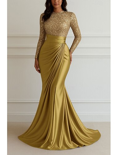  Meerjungfrauenschnitt Bodenlang Abendkleid Elegant seidig Langarm Rundhalsausschnitt Hochzeit Formell Champagnerfarbenes Brautmutterkleid Stretch Satin mit Glitzer Falten