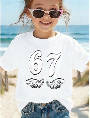  Jente 3D Grafisk Morsom slang 67 T skjorte T-skjorte Kortermet 3D-utskrift Sommer Vår Sport Mote Gatemote Barn 4-12 år Crew-hals utendørs Avslappet Daglig Normal