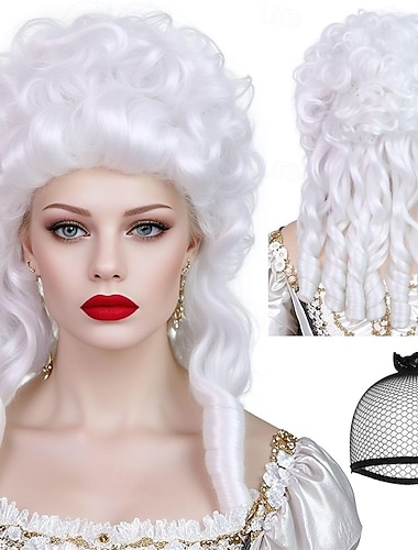  Cap de cheveux perruque baroque blanche bouclée boucles en anneau perruque du XVIIIe siècle chignon synthétique perruques de juge avocat blanche pour femmes cosplay costume fête masquée de Noël