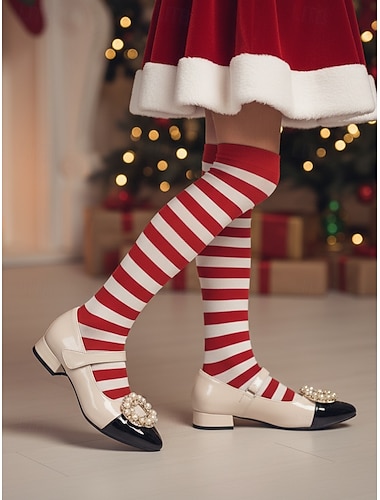  Kerst Mary Jane-schoenen voor kinderen met parelversiering - stijlvolle platte schoenen van lakleer met zwart-wit kleurblokontwerp voor feestdagen