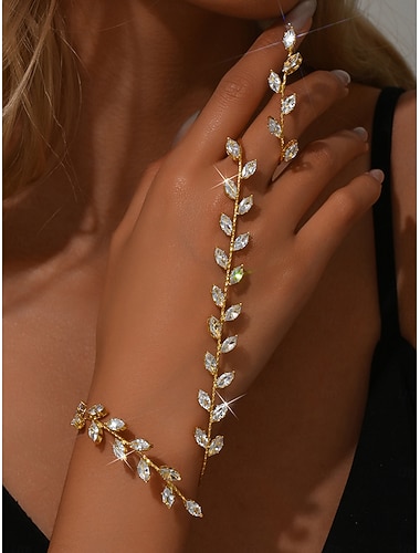  Damesett med armbånd og ring i bladgullkrystall – elegante håndsmykker i strass til fester og kveldsarrangementer &spesielle anledninger