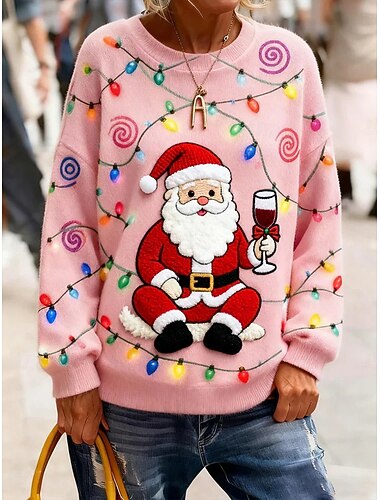  סוודר לנשים חג המולד אופנתי קז'ואל גרפי סנטה קלאוס צווארון עגול סרוג שרוולים ארוכים חולצות רגילות סרוג עבודה חג ורוד סתיו חורף