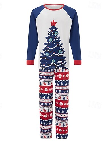  Familie udseende Jul Julefamiliepyjamas Julefamilie Pyjamas Grafisk Juletræ Hjort Julegaver Trykt mønster Blå Langærmet Ferie Matchende outfits
