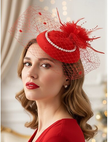  ネットと羽根が付いた女性用のポリエステル製ファシネーターハット。エレガントでスタイリッシュ。複数の色があり、結婚式や特別な機会に最適です。