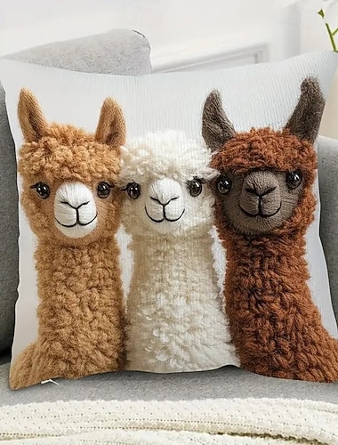  Federe per cuscini in stile vintage con stampa piatta 2D, motivo a tre alpaca, 18x18 pollici, graziosi cuscini decorativi con motivo a animali, per soggiorno, camera da letto, divano
