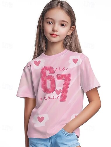  Chica 3D Graphic Jerga divertida 67 Camiseta Manga Corta Impresión 3D Verano Primavera Deportes Moda Ropa de calle Niños 4-12 años Cuello Barco Exterior Casual Diario Ajuste regular